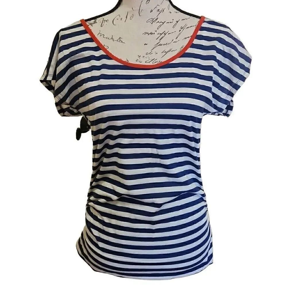 Eye Candy Ladies Blue & White Striped Top with Red Contrast Cutouts - Size Mediu